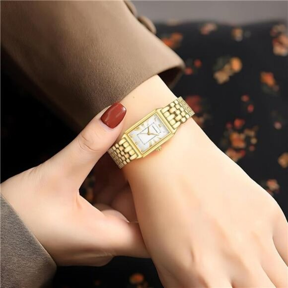 Gold Rectangle Watch Women Roman Dial Stainless Steel Band Water Resistant - Picture 6 of 7